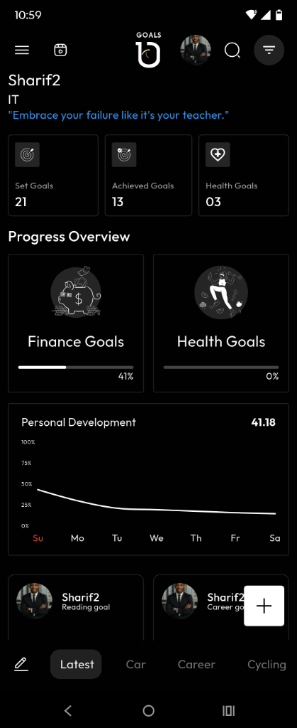 GOALS app dashboard on iPhone